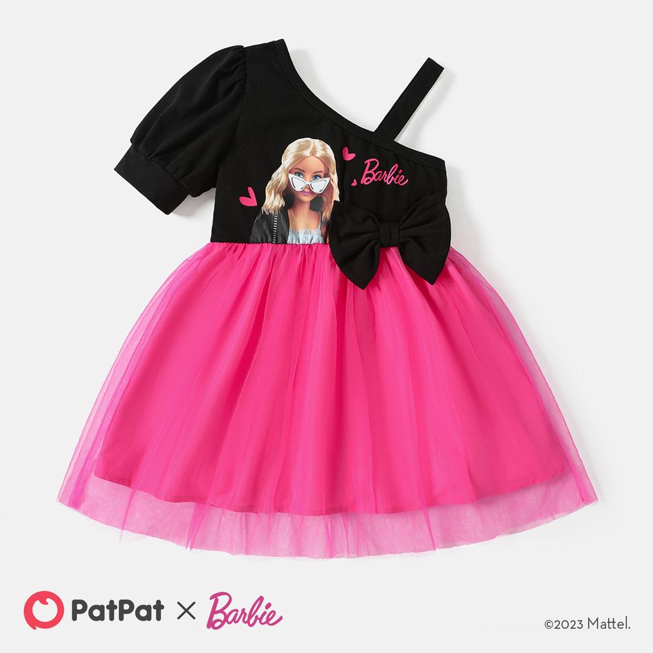 Barbie Toddler Girl Mother's Day Bowknot Design Cotton One Shoulder Mesh Splice Dress Black