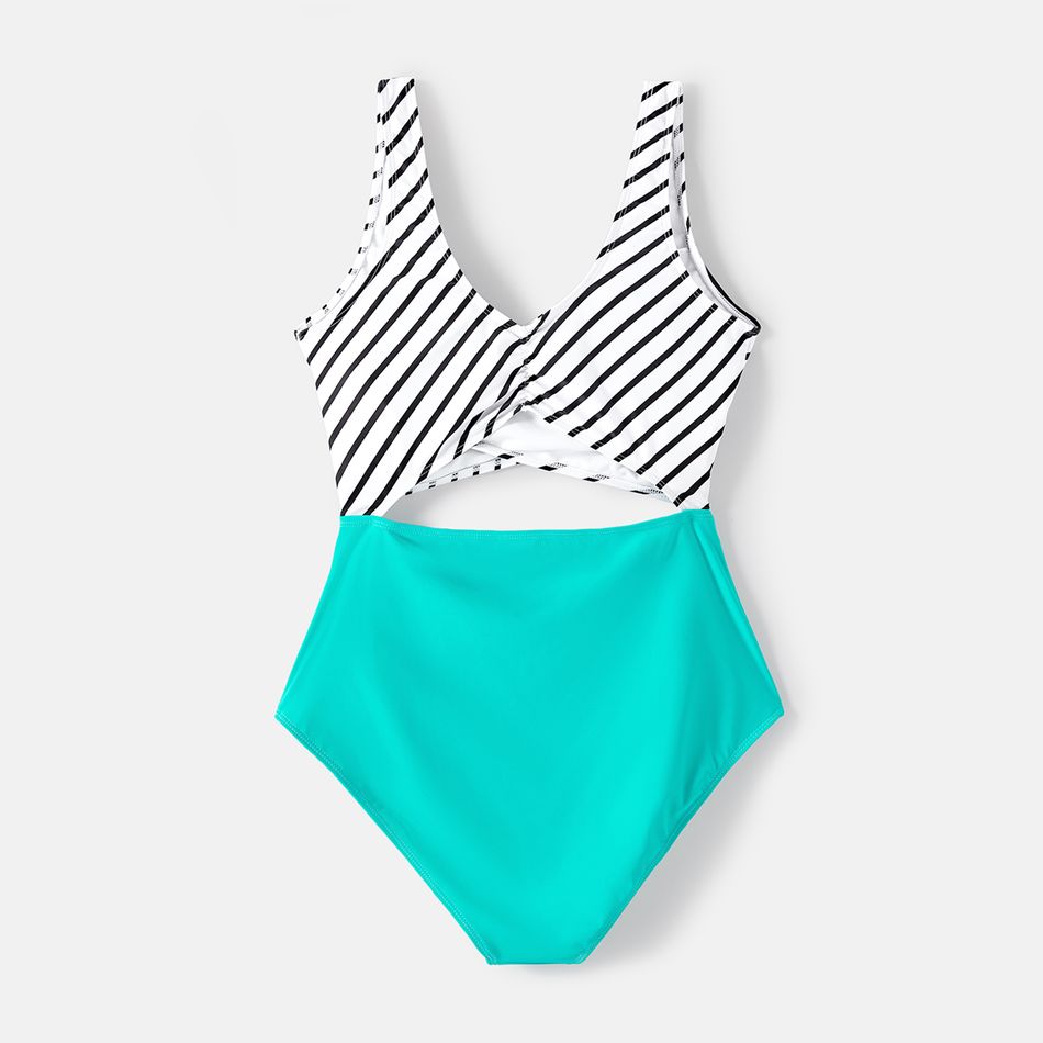 Family Matching Striped Spliced Cut Out One-piece Swimsuit and Colorblock Swim Trunks Green/White big image 4