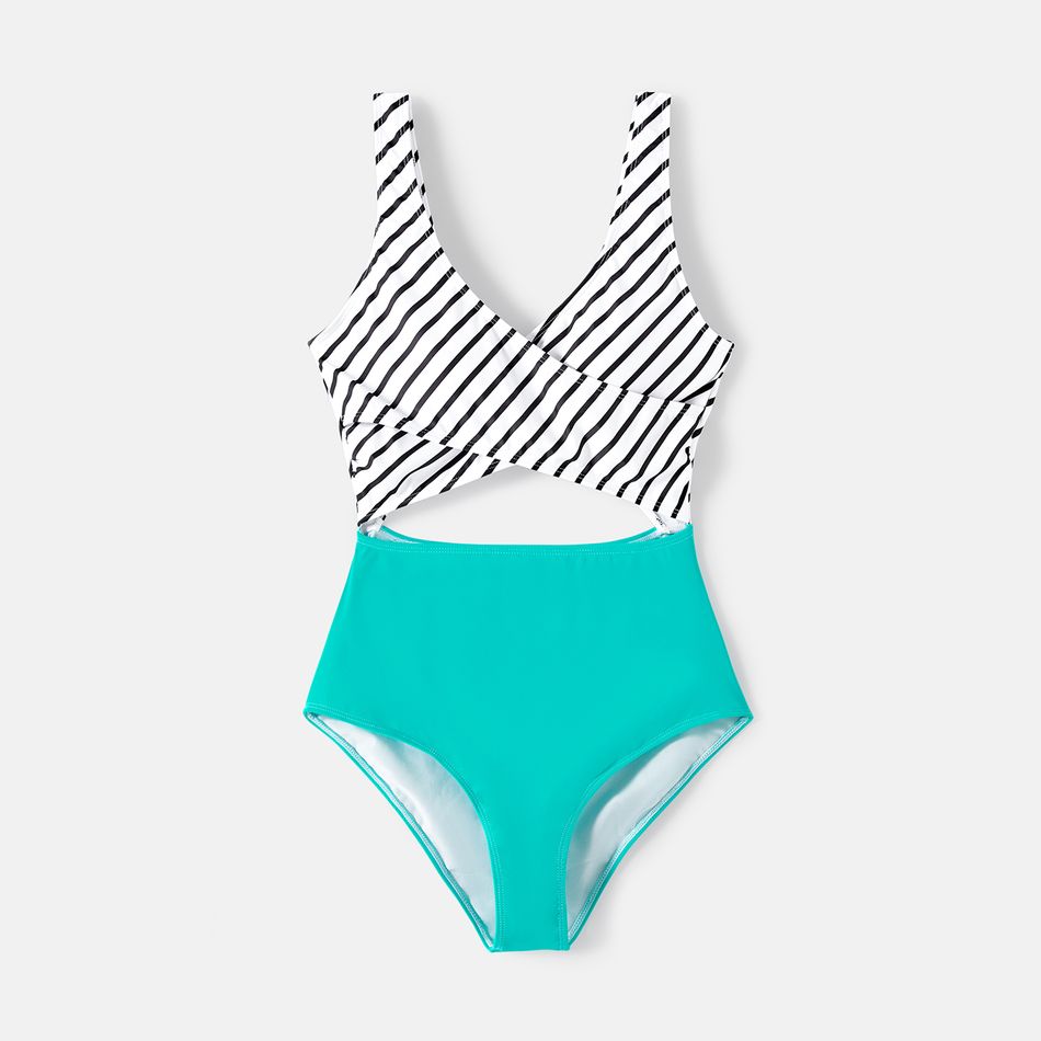 Family Matching Striped Spliced Cut Out One-piece Swimsuit and Colorblock Swim Trunks Green/White big image 3