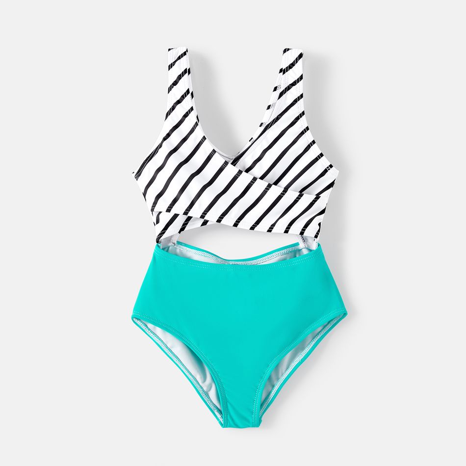 Family Matching Striped Spliced Cut Out One-piece Swimsuit and Colorblock Swim Trunks Green/White big image 5