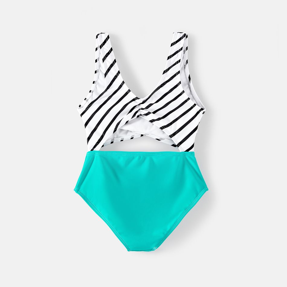 Family Matching Striped Spliced Cut Out One-piece Swimsuit and Colorblock Swim Trunks Green/White big image 12