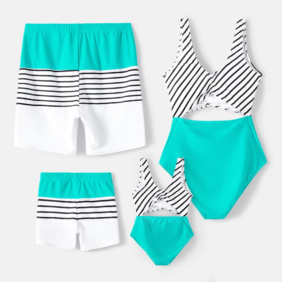 Family Matching Striped Spliced Cut Out One-piece Swimsuit and Colorblock Swim Trunks Green/White big image 2