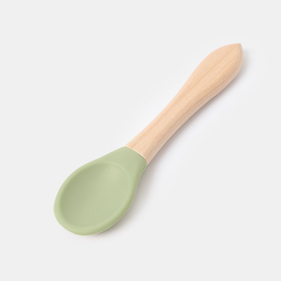 2Pcs Baby Silicone Suction Bowl and Spoon with Wood Handle Baby Toddler Tableware Dishes Self-Feeding Utensils Set for Self-Training Pale Green big image 3