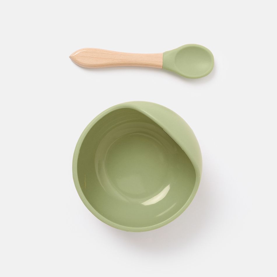 2Pcs Baby Silicone Suction Bowl and Spoon with Wood Handle Baby Toddler Tableware Dishes Self-Feeding Utensils Set for Self-Training Pale Green big image 2