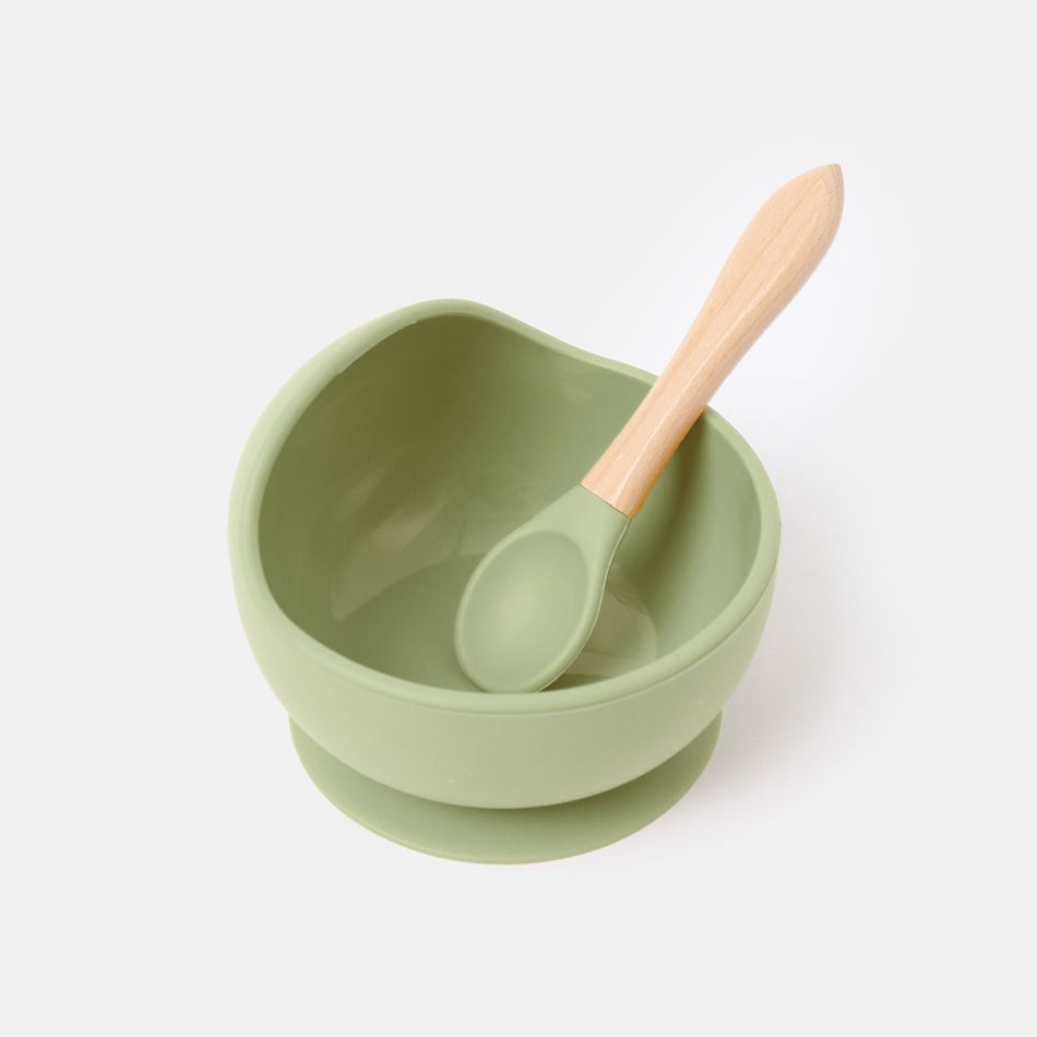 2Pcs Baby Silicone Suction Bowl and Spoon with Wood Handle Baby Toddler Tableware Dishes Self-Feeding Utensils Set for Self-Training Pale Green big image 5