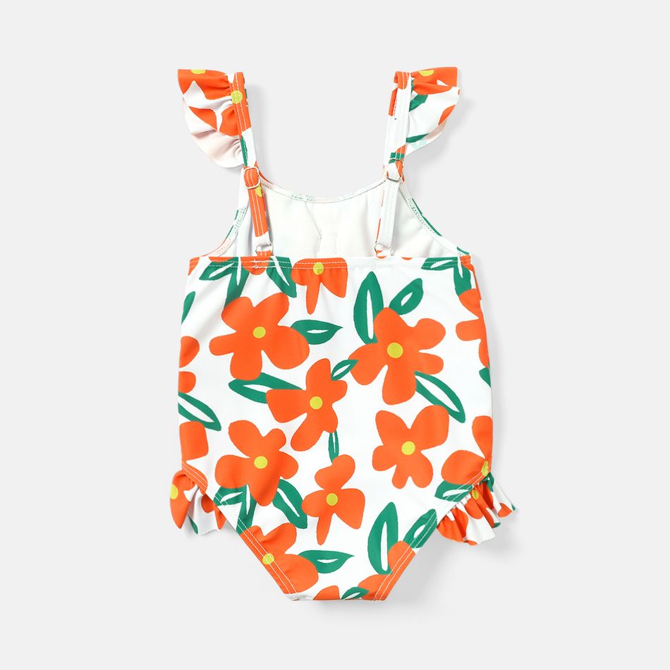 Baby Girl Allover Floral Print Ruffle Trim Bow Front Cut Out One-piece Swimsuit Orange big image 2