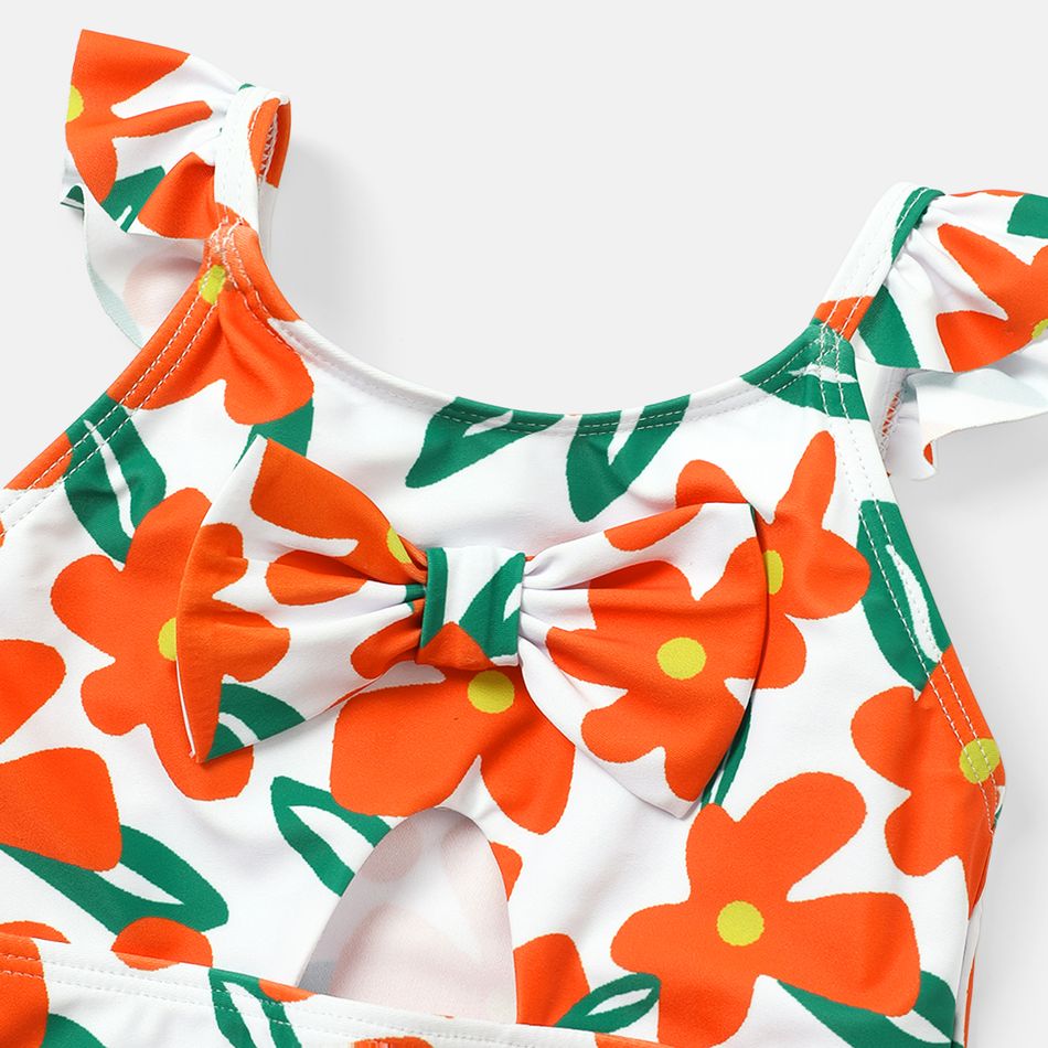 Baby Girl Allover Floral Print Ruffle Trim Bow Front Cut Out One-piece Swimsuit Orange big image 4