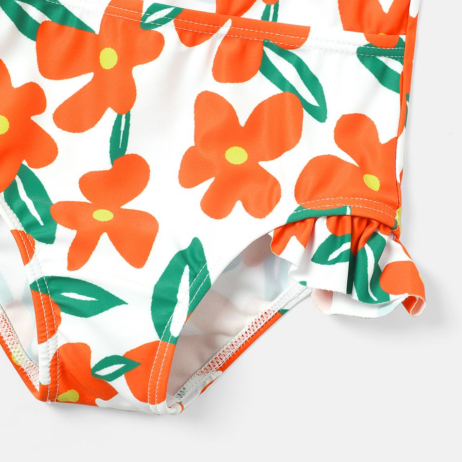 Baby Girl Allover Floral Print Ruffle Trim Bow Front Cut Out One-piece Swimsuit Orange