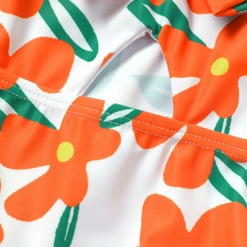 Baby Girl Allover Floral Print Ruffle Trim Bow Front Cut Out One-piece Swimsuit Orange big image 3