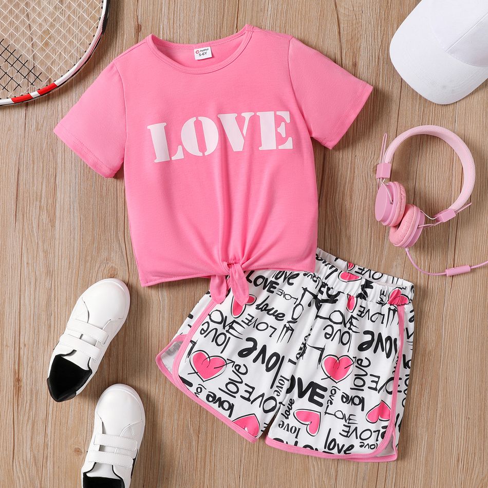 Mother's Day 2pcs Kid Girl Letter Print Short-sleeve Tee and Shorts Set Pink big image 1