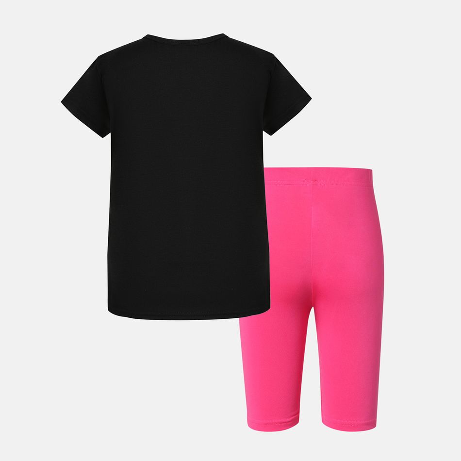 2pcs Kid Girl 3D Letter Graphic Short-sleeve Tee and Elasticized Shorts Set Black