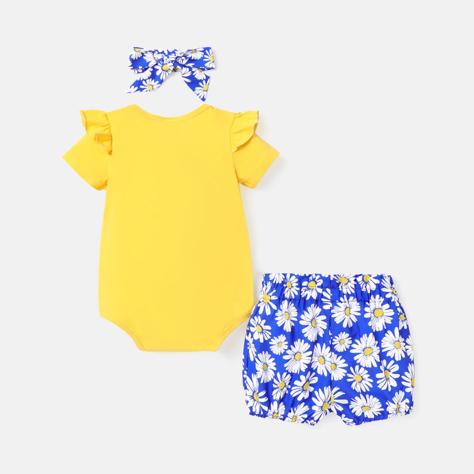 3pcs Baby Girl Cotton Short-sleeve Letter Graphic Romper and Allover Daisy Floral Print Bloomer Shorts & Headband Set Color block big image 2