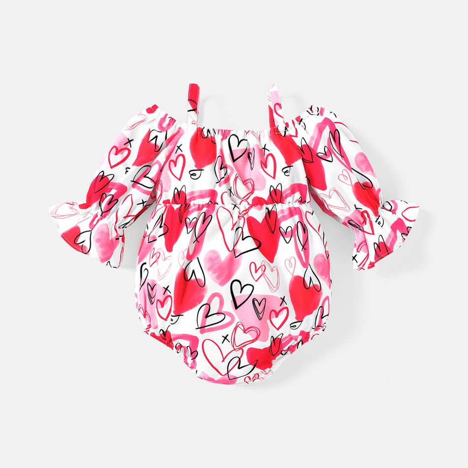 Baby Girl Allover Heart Print Cold Shoulder Long-sleeve Bow Front Romper Pink big image 2