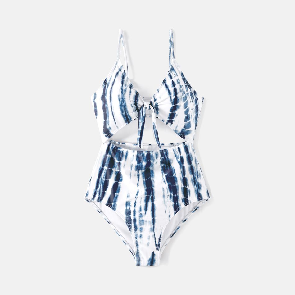 Family Matching Blue Tie Dye Knot Front Cut Out One-piece Swimsuit and Swim Trunks BLUE WHITE big image 4