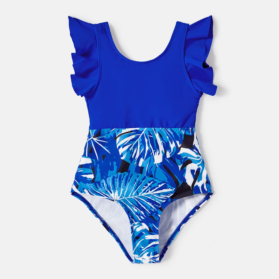 Family Matching Plant Print Swim Trunks and Blue Ruffle Trim Spliced One-piece Swimsuit Blue big image 6