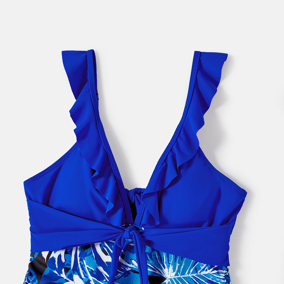Family Matching Plant Print Swim Trunks and Blue Ruffle Trim Spliced One-piece Swimsuit Blue big image 3