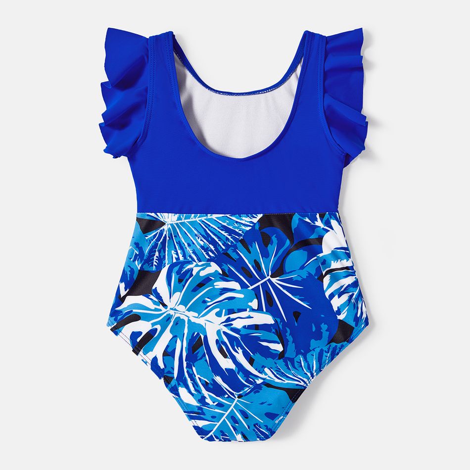 Family Matching Plant Print Swim Trunks and Blue Ruffle Trim Spliced One-piece Swimsuit Blue big image 9