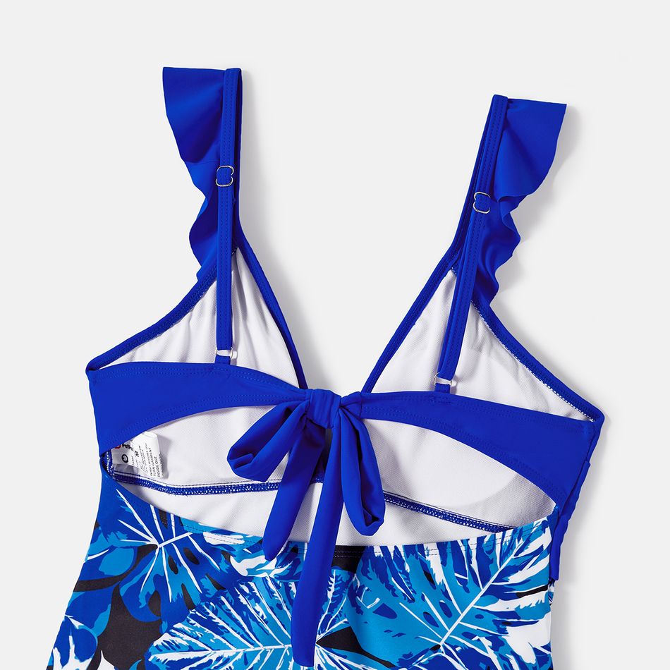 Family Matching Plant Print Swim Trunks and Blue Ruffle Trim Spliced One-piece Swimsuit Blue big image 14