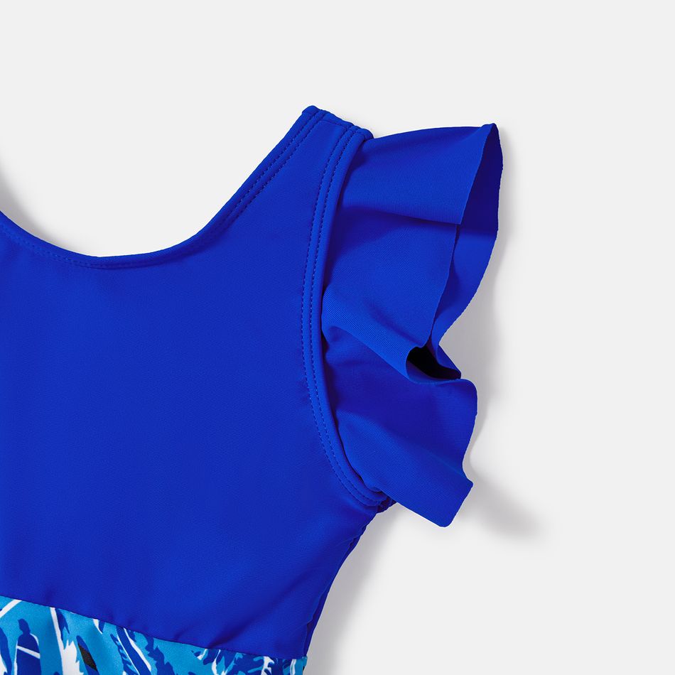 Family Matching Plant Print Swim Trunks and Blue Ruffle Trim Spliced One-piece Swimsuit Blue big image 13