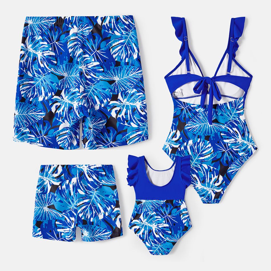 Family Matching Plant Print Swim Trunks and Blue Ruffle Trim Spliced One-piece Swimsuit Blue big image 2