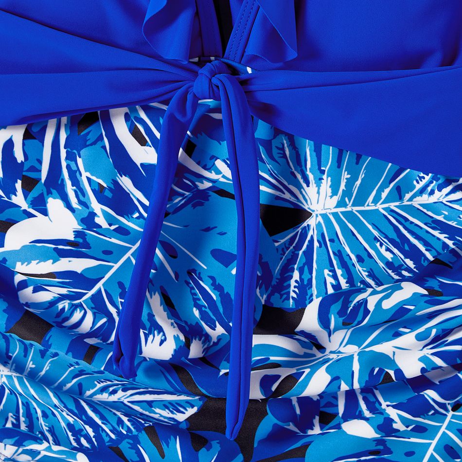 Family Matching Plant Print Swim Trunks and Blue Ruffle Trim Spliced One-piece Swimsuit Blue big image 11