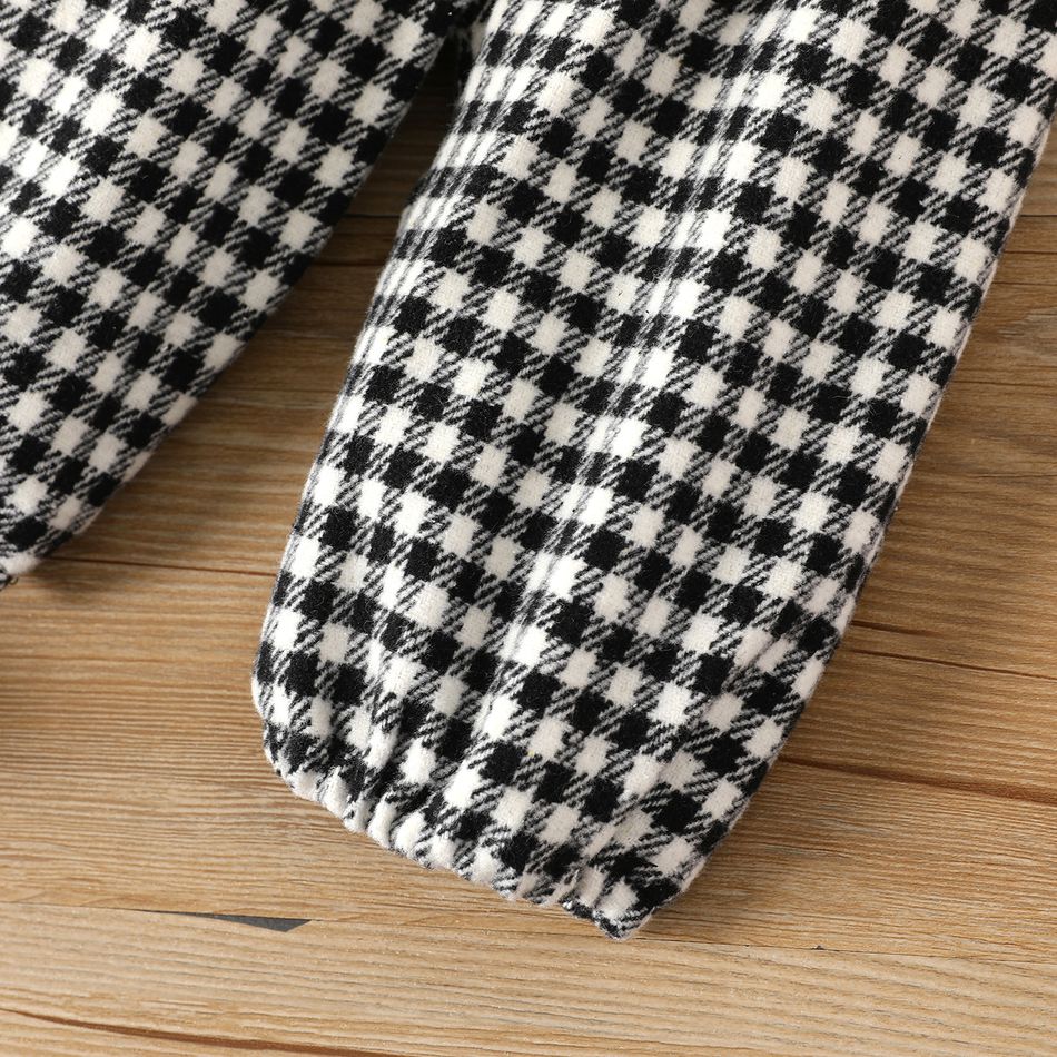 3pcs Baby Girl Solid Ribbed Ruffle Long-sleeve Romper and Bow Front Houndstooth Pants & Headband Set Black