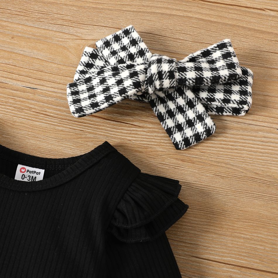 3pcs Baby Girl Solid Ribbed Ruffle Long-sleeve Romper and Bow Front Houndstooth Pants & Headband Set Black big image 3