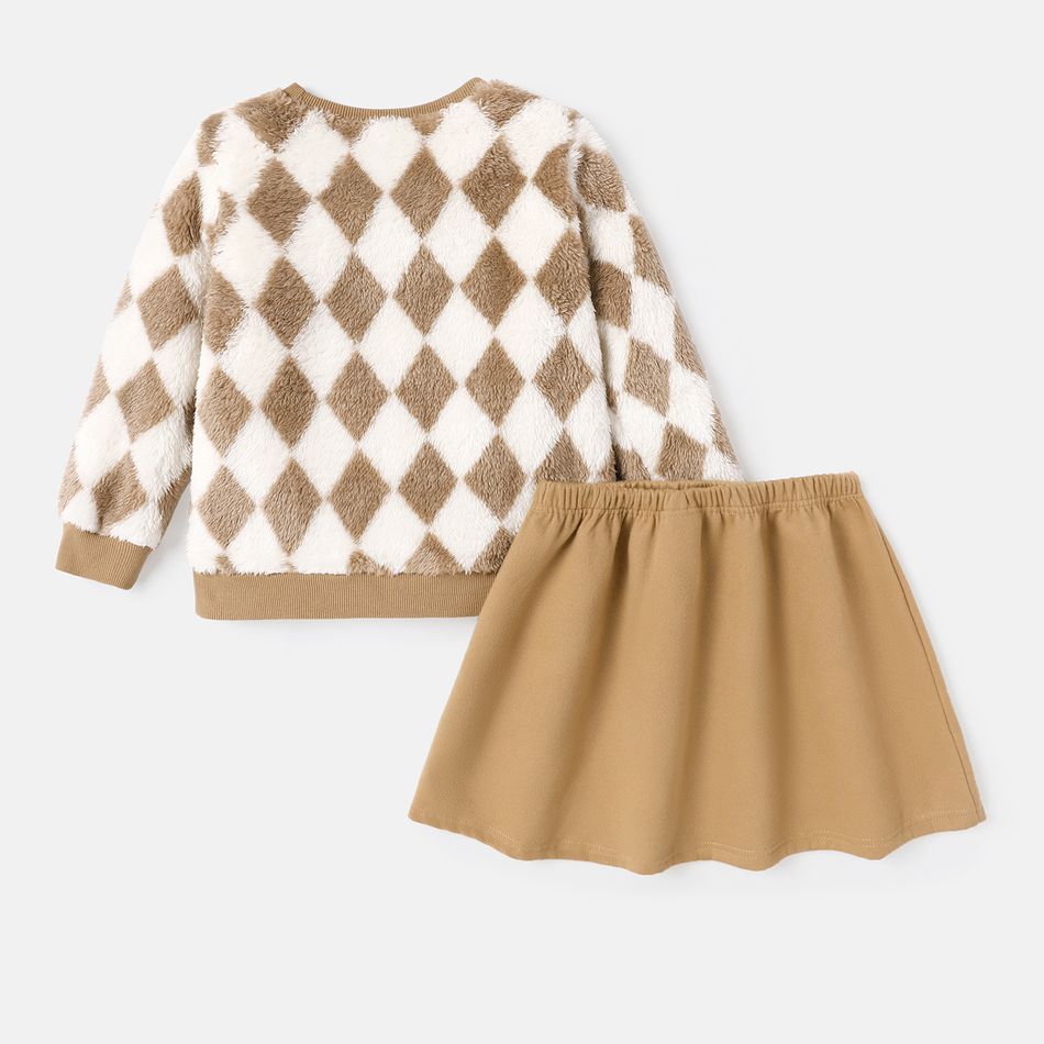 L.O.L. SURPRISE! 2pcs Kid Girl Plaid Fleece Sweatshirt and Elasticized Skirt Set Brown