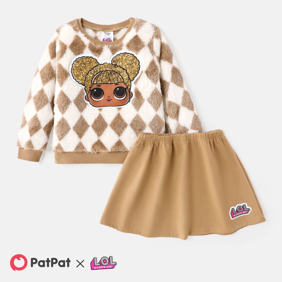 L.O.L. SURPRISE! 2pcs Kid Girl Plaid Fleece Sweatshirt and Elasticized Skirt Set Brown