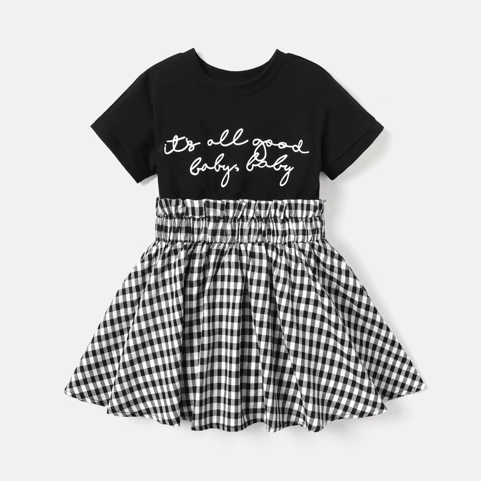 Toddler Girl Letter Print Plaid Splice Short-sleeve Dress Black big image 2