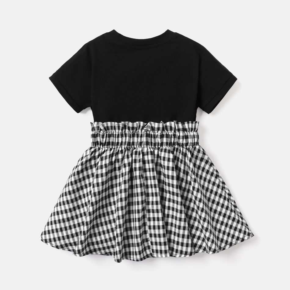 Toddler Girl Letter Print Plaid Splice Short-sleeve Dress Black big image 3