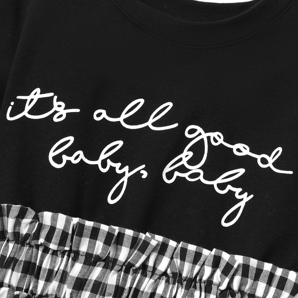 Toddler Girl Letter Print Plaid Splice Short-sleeve Dress Black big image 4