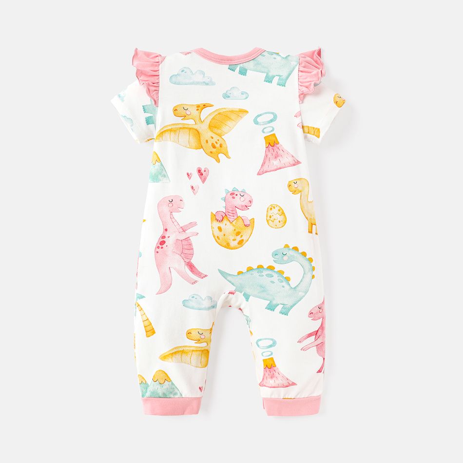 Baby Girl Cotton Dinosaur Print Ruffled Short-sleeve Jumpsuits Light Pink
