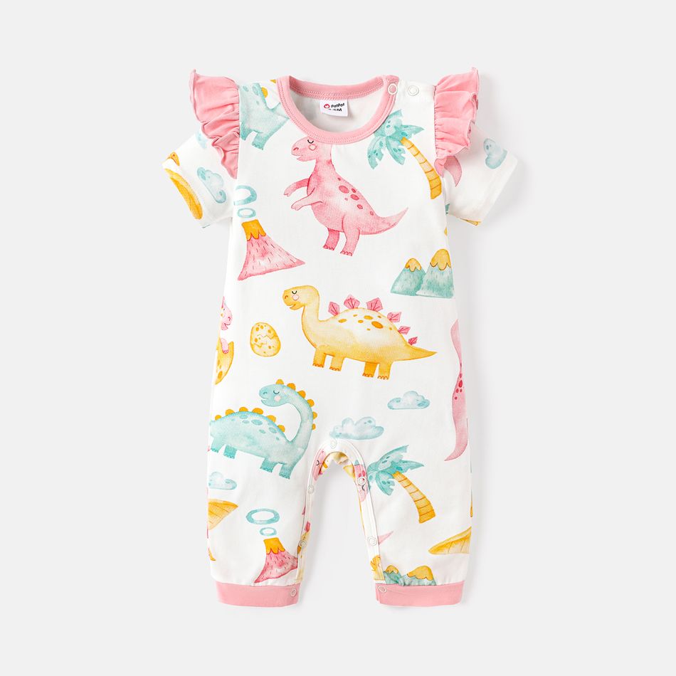 Baby Girl Cotton Dinosaur Print Ruffled Short-sleeve Jumpsuits Light Pink big image 1