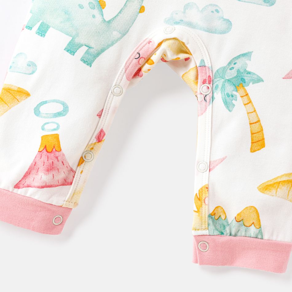 Baby Girl Cotton Dinosaur Print Ruffled Short-sleeve Jumpsuits Light Pink big image 4