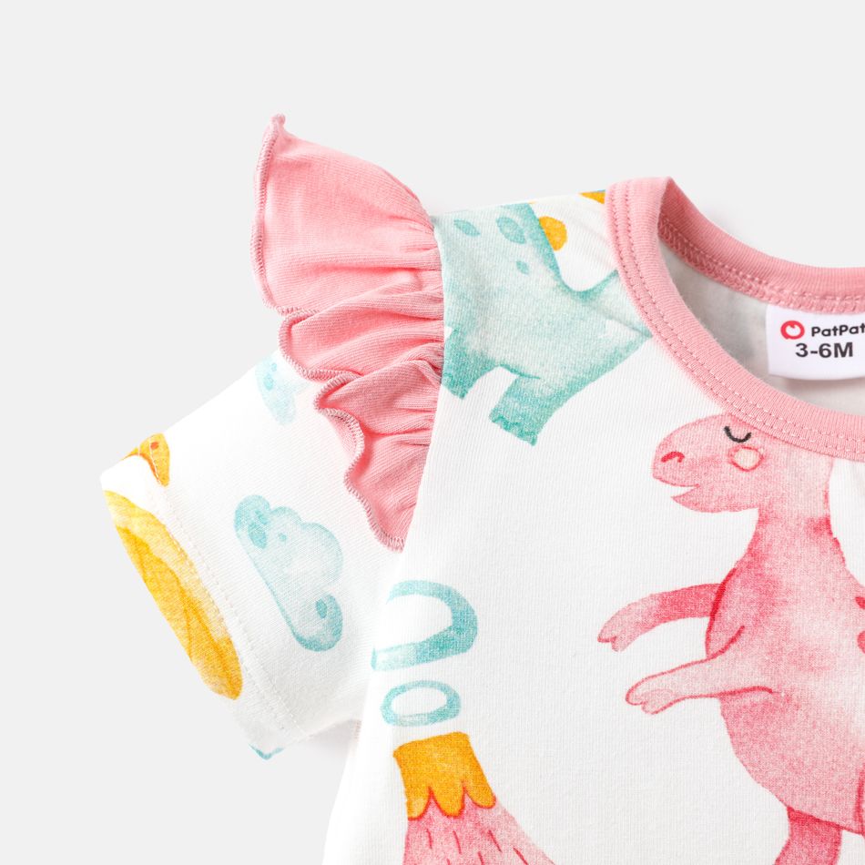 Baby Girl Cotton Dinosaur Print Ruffled Short-sleeve Jumpsuits Light Pink big image 3