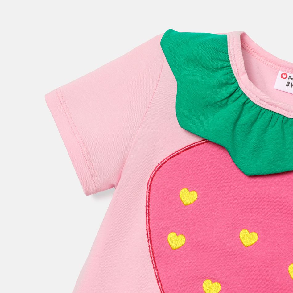 Toddler Girl Strawberry Embroidered Short-sleeve Cotton Tee Pink big image 4