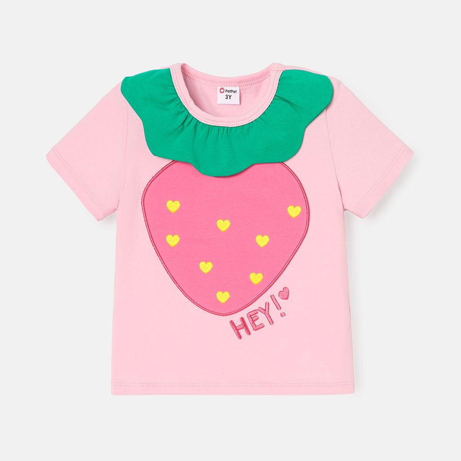 Toddler Girl Strawberry Embroidered Short-sleeve Cotton Tee Pink big image 1