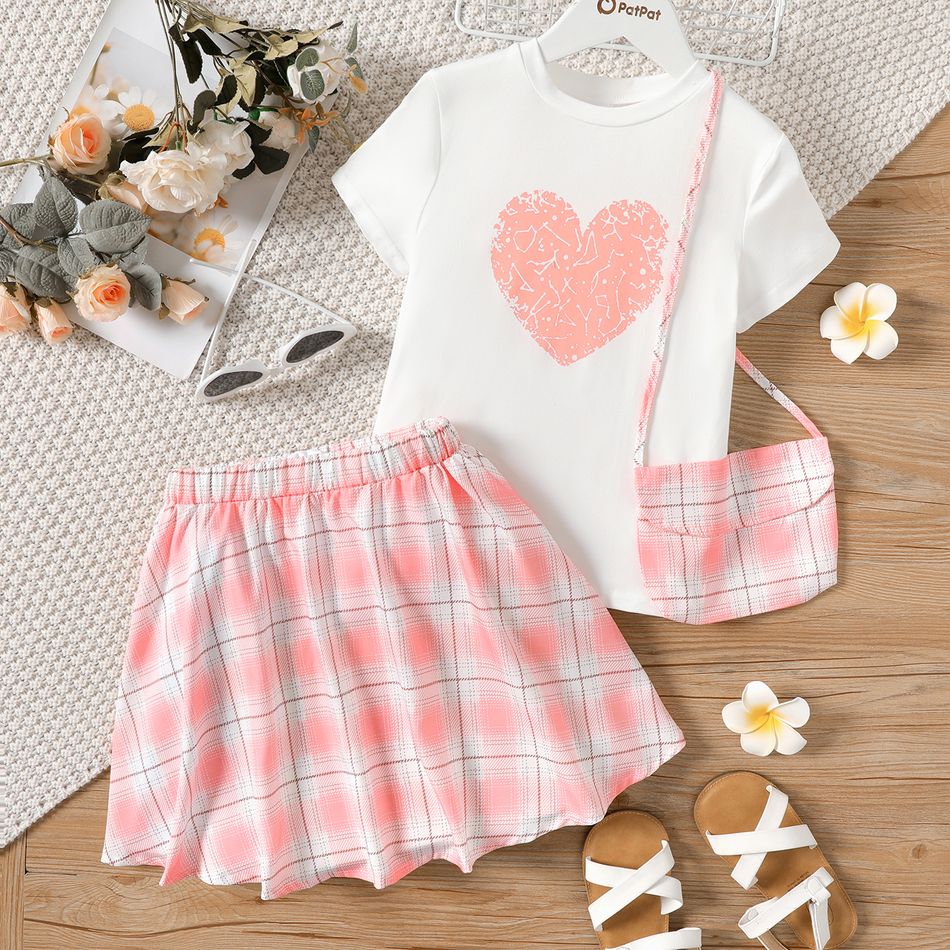 3pcs Kid Girl Heart Print Short-sleeve Tee & Plaid Skirt and Bag Set Pink