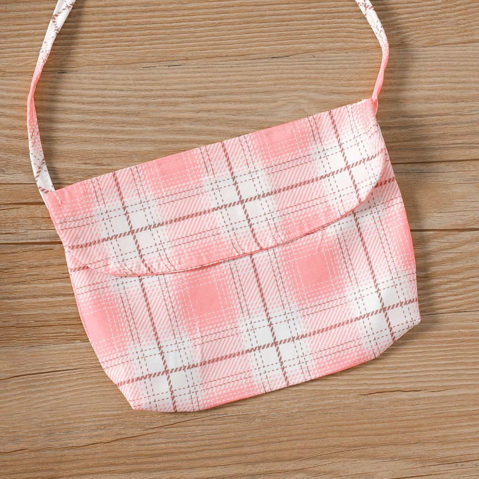 3pcs Kid Girl Heart Print Short-sleeve Tee & Plaid Skirt and Bag Set Pink big image 3