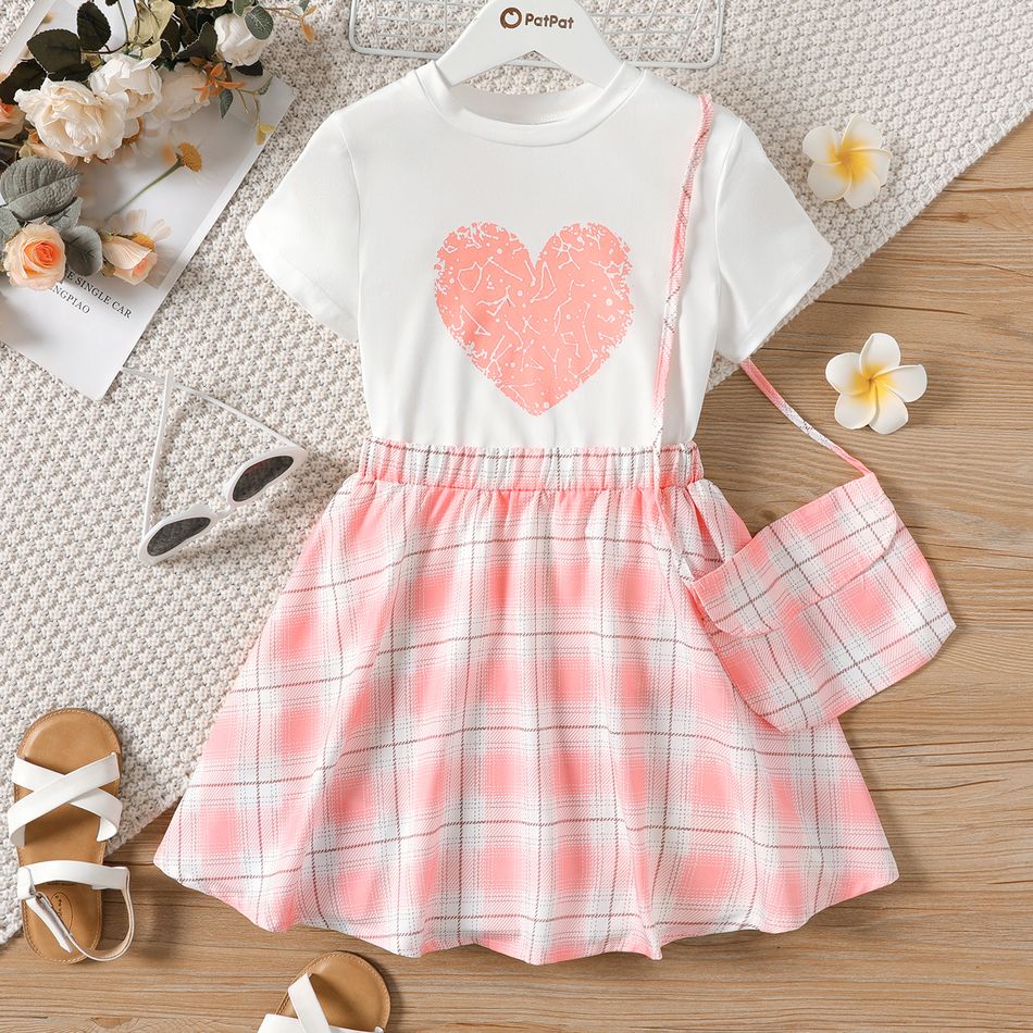 3pcs Kid Girl Heart Print Short-sleeve Tee & Plaid Skirt and Bag Set Pink big image 1
