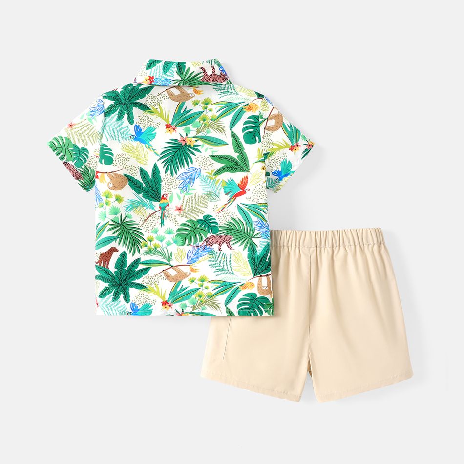 2pcs Toddler Boy Floral Print Lapel Collar Shirt and Elasticized Shorts Set Green big image 2