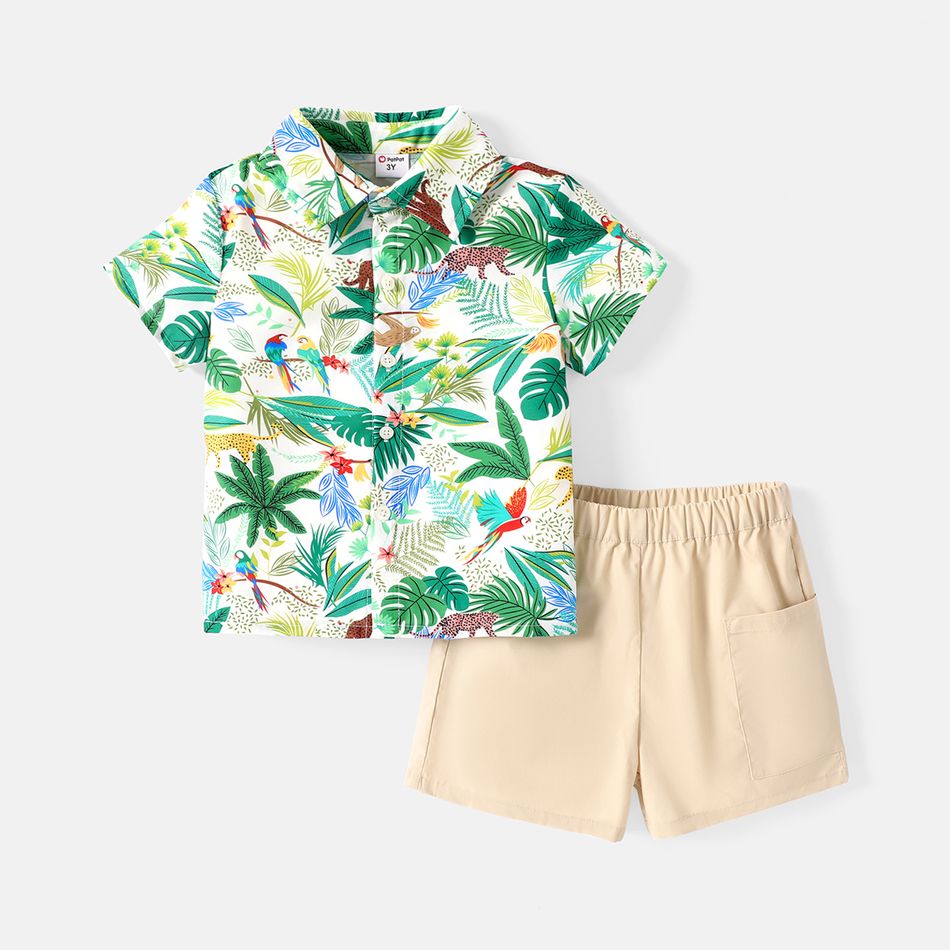 2pcs Toddler Boy Floral Print Lapel Collar Shirt and Elasticized Shorts Set Green big image 1