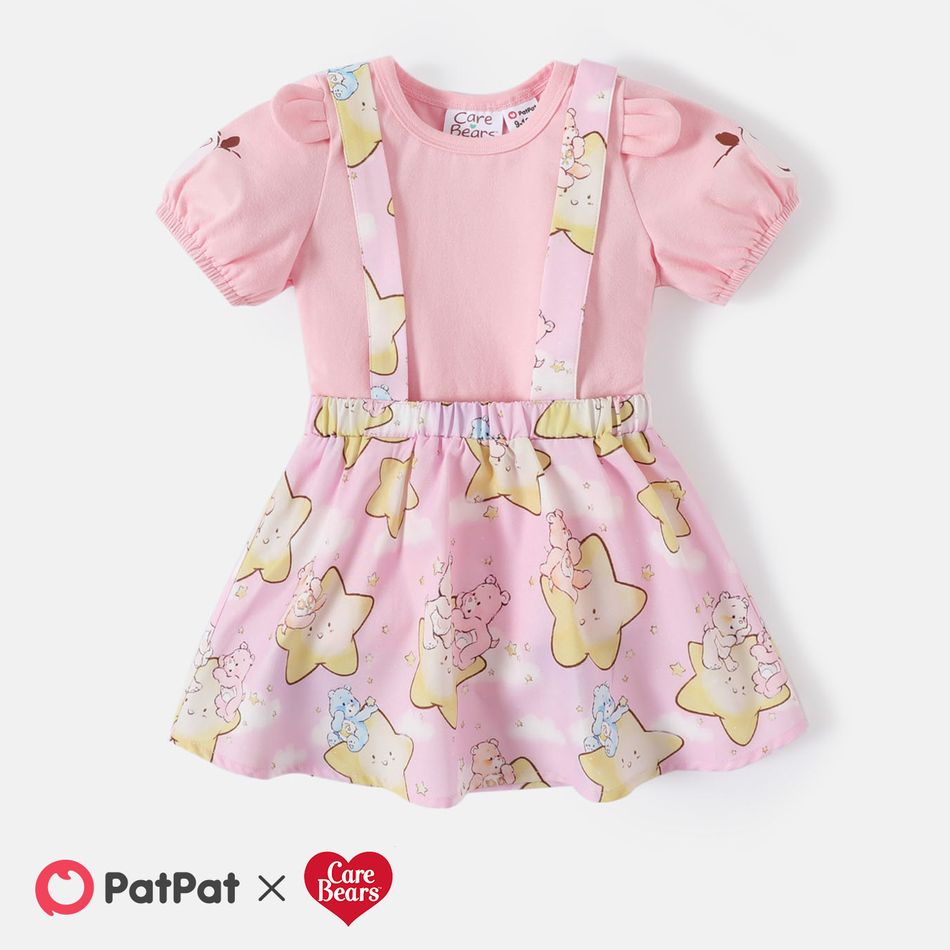 Care Bears 2pcs Baby Girl 95% Cotton Puff-sleeve Tee and Allover Star Print Suspender Skirt Set Pink big image 1