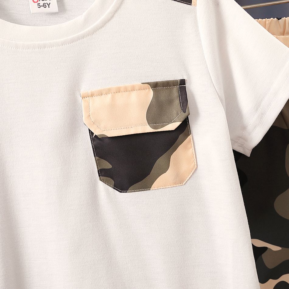 2pcs Kid Boy Pocket Design Short-sleeve Tee and Camouflage Print Shorts Set Army green big image 2