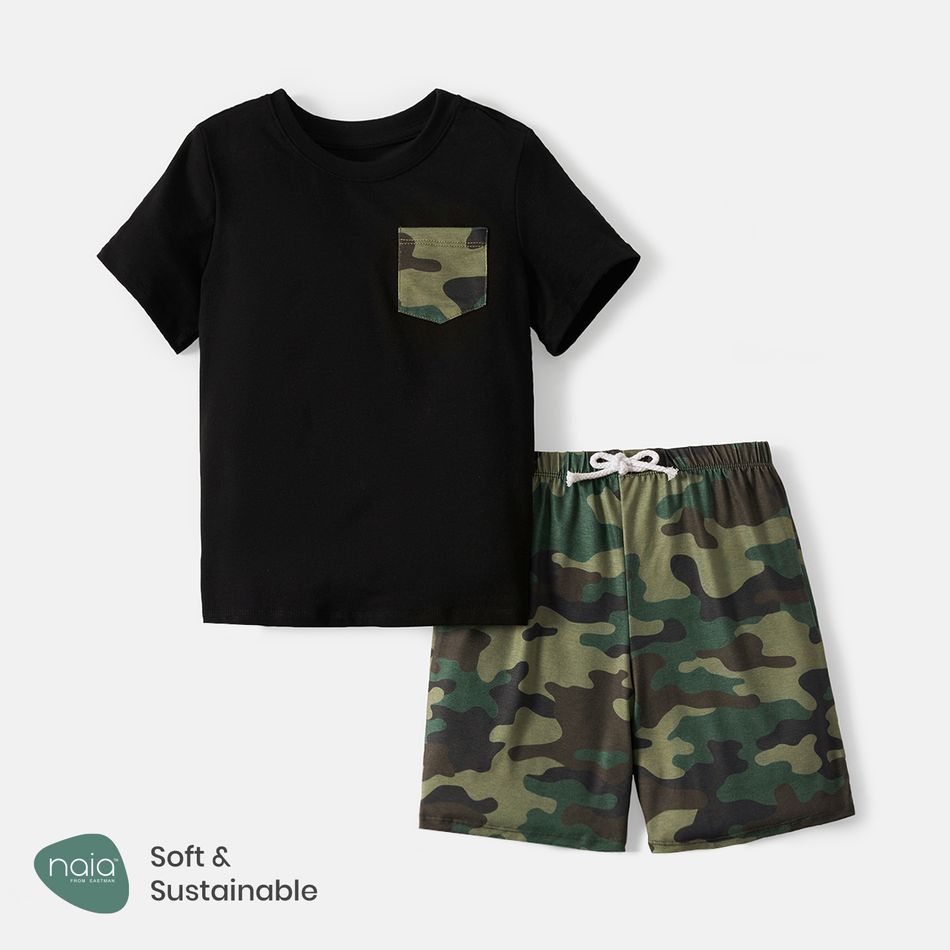 2pcs Toddler/Kid Boy Pocket Design Short-sleeve Tee and Camouflage Print Shorts Set Black