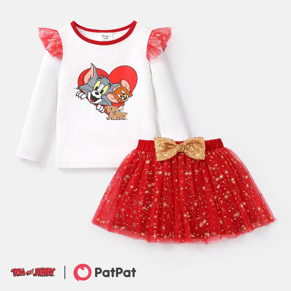Tom and Jerry 2pcs Toddler/Kid Girl Long-sleeve Cotton Tee and Glitter Bowknot Mesh Skirt Set Red/White big image 1