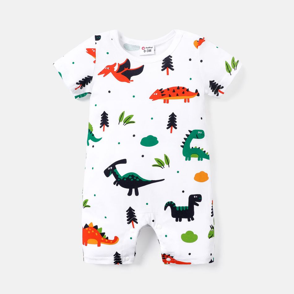 Baby Boy 100% Cotton Allover Dinosaur Print Short-sleeve Romper White