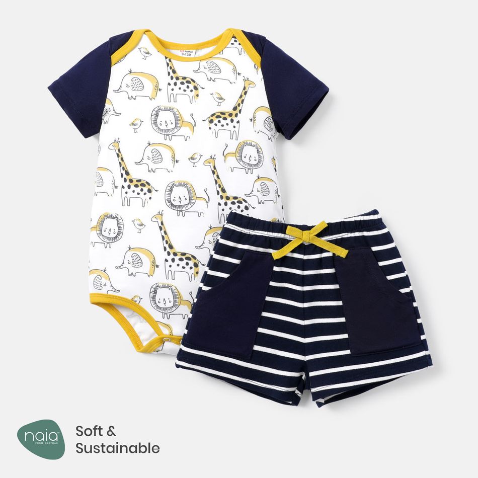 2pcs Baby Girl 95% Cotton Striped Shorts and Allover  Animal Print Short-sleeve Naia™ Romper Set Dark Blue/white big image 1
