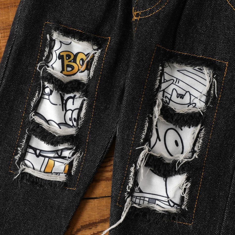 2pcs Baby Boy 95% Cotton Ripped Jeans and Allover Cartoon Print Long-sleeve Sweatshirt Set White